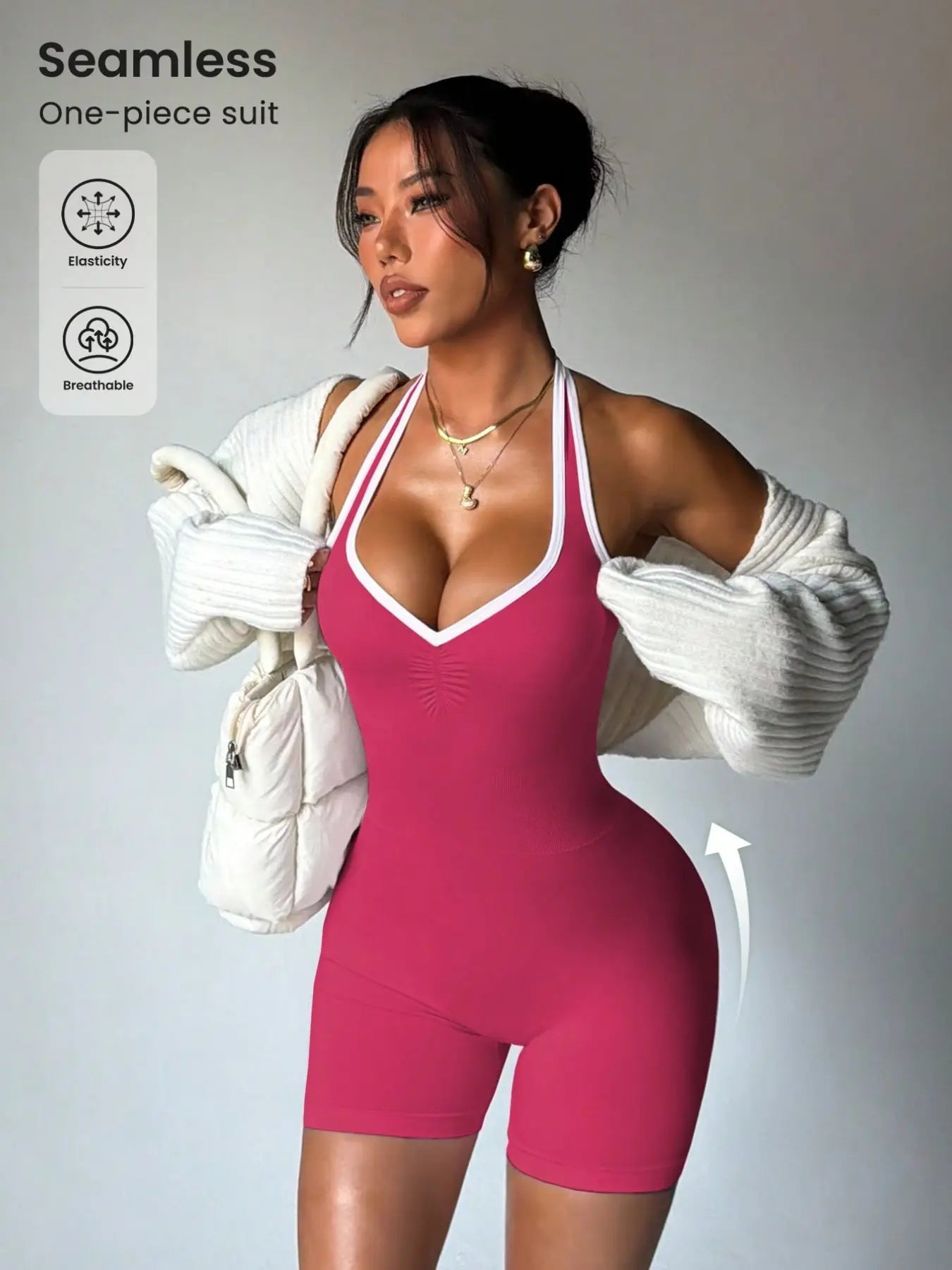 Women’S Seamless Colorblock Asymmetrical Yoga Bodysuit Shorts, Sporty Design for All Seasons, Comfortable for Fitness Cycling Yoga Running, Yoga Jumpsuits