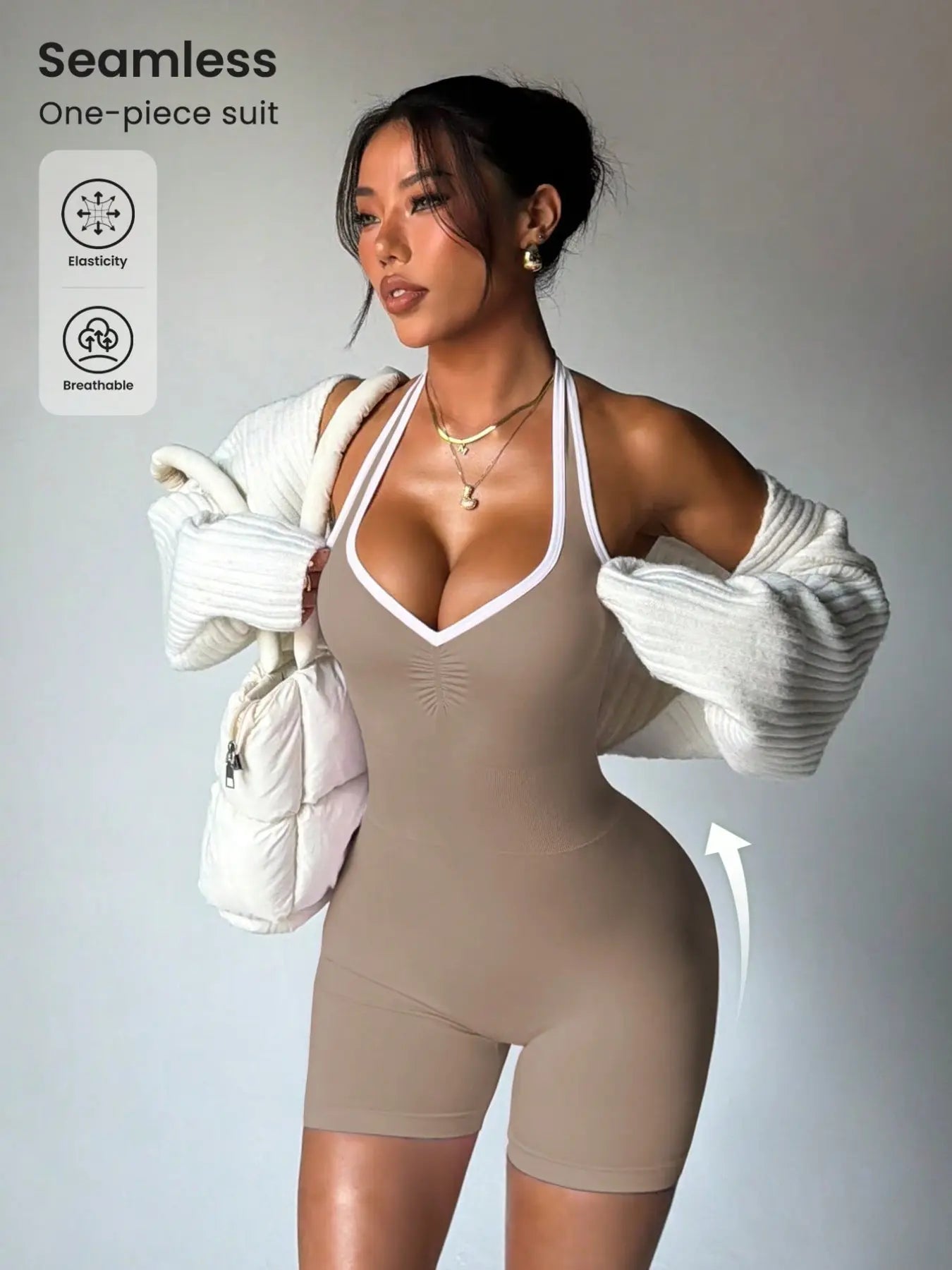 Women’S Seamless Colorblock Asymmetrical Yoga Bodysuit Shorts, Sporty Design for All Seasons, Comfortable for Fitness Cycling Yoga Running, Yoga Jumpsuits