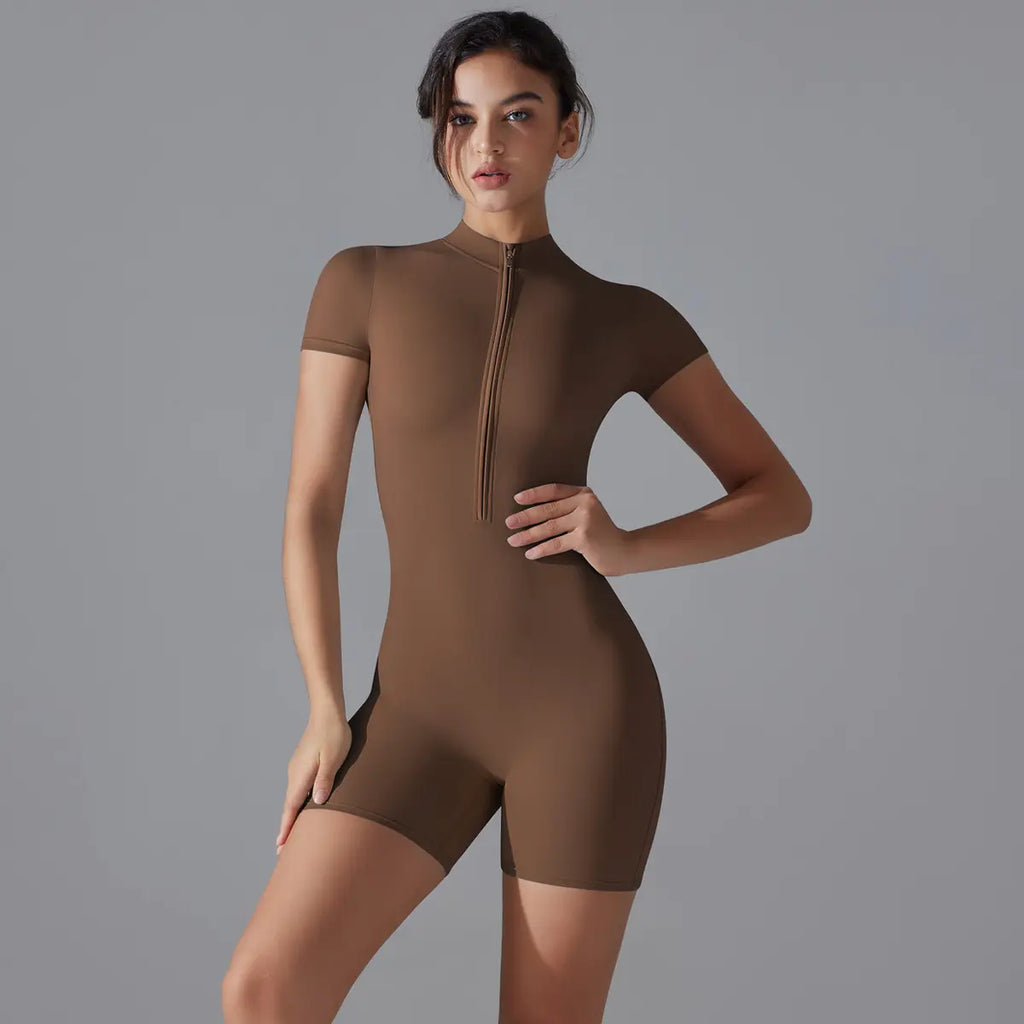 Soft Stretch Fabric Moisture-Wicking Quick-Drying Breathable Zipper Short-Sleeved Shorts Yoga Jumpsuit Dance Fitness Tight Gym Jumpsuit Workout Apparel for Women Stretchable Activewear Weight Loss Pilates Gymgirls Gym Workout Sets for Women